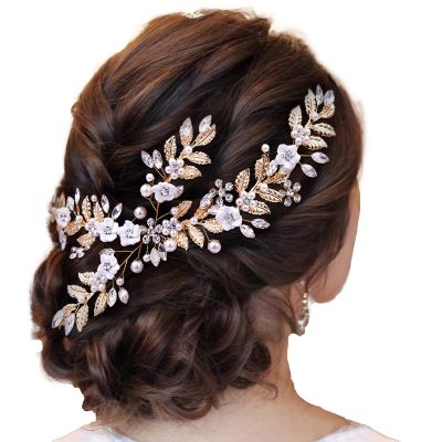 Beautiful Bridal Hair Accessories Alloy Leaf Pearl Woman Hair Comb Gold And Silver Bridal Hair Pieces (GOLD)