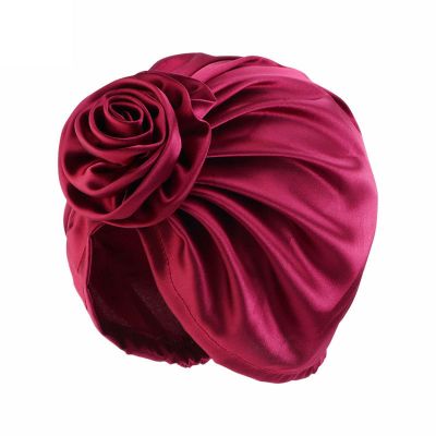 Women Flowers Satin Bonnet Floral Turban Cap Silk Hair Bonnet for Sleeping Hair Covered Wrap Sleep Cap (Wine, One Size)