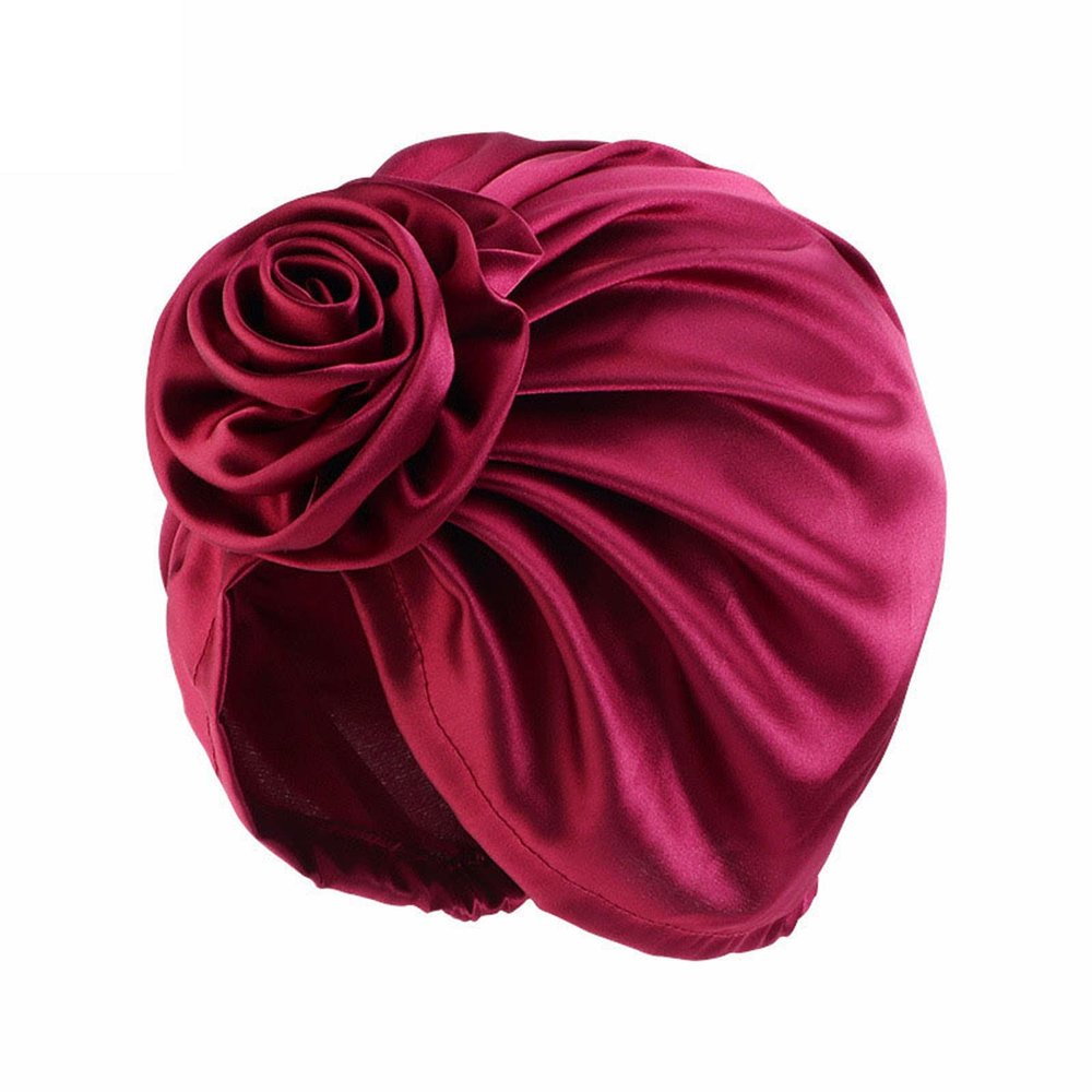 Women Flowers Satin Bonnet Floral Turban Cap Silk Hair Bonnet for Sleeping Hair Covered Wrap Sleep Cap (Wine, One Size)