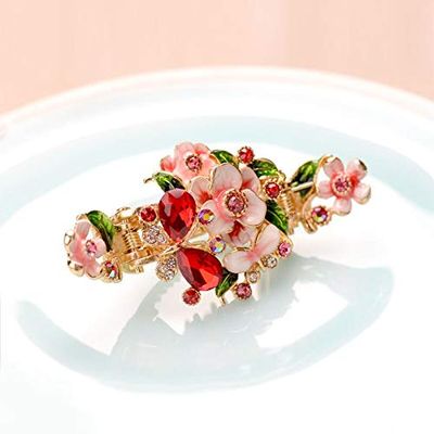 Enamel Hair Claw Flower Rhinestone Hair Clip Accessories Banquet Hair Pins For Women Charm Hairpin Jewelry (Color : Red)
