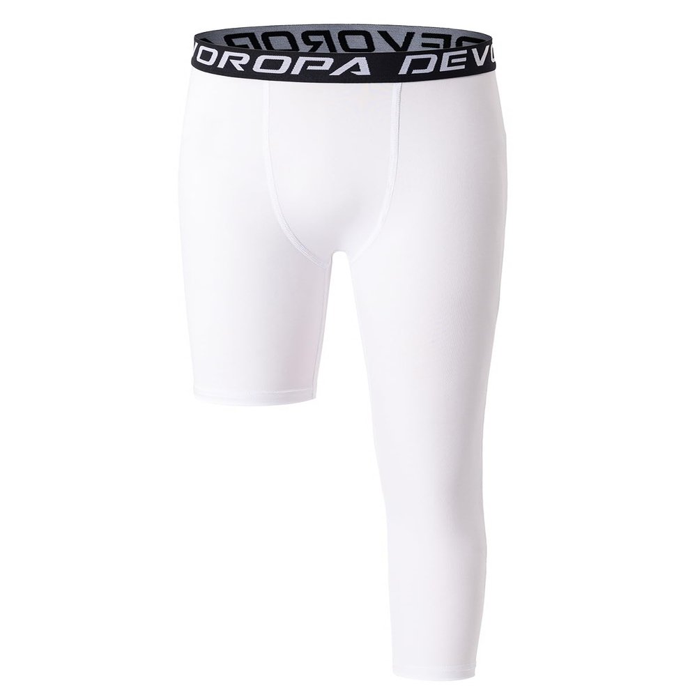 DEVOROPA Youth Boys One Leg Compression Pants for Basketball 3/4 Leggings Sports Tights Kids Athletic Soccer Base Layer White XS