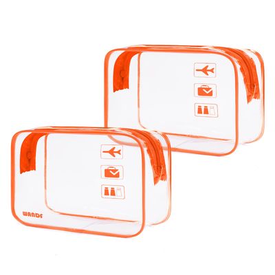 WANDF TSA Approved Toiletry Bag, 2 Packs Travel Clear Toiletry Bag, Quart Size Makeup Cosmetic Pouch with Zipper, Carry-On Airport Compliant Bag for Women and Men (2pcs Orange)