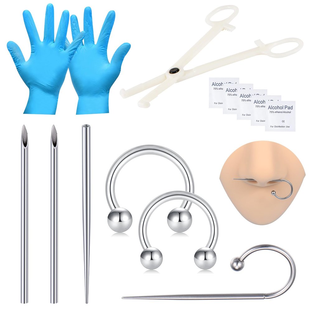 DJCIW Ear Nose Septum Piercing Kit, Horseshoes Ring Piercing Kit for All Piercings 316L Stainless Steel 14G Piercing Needles Piercing Taper and Disposable Clamps Kit