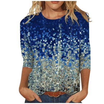 3/4 Length Sleeve Shirts for Women 2023 Casual Summer Blouses Crewneck Floral Printed Cute Tops Loose Fit Pullover