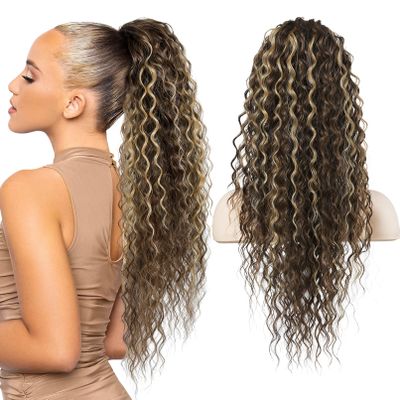 Flufymooz Ponytail Extension, 26 Inch Bohemian Style Drawstring Ponytail Hair Extensions for Women, Long Curly Wavy Pony Tail Natural Synthetic Hairpiece for Women (Deep Brown with Dirty Blonde)