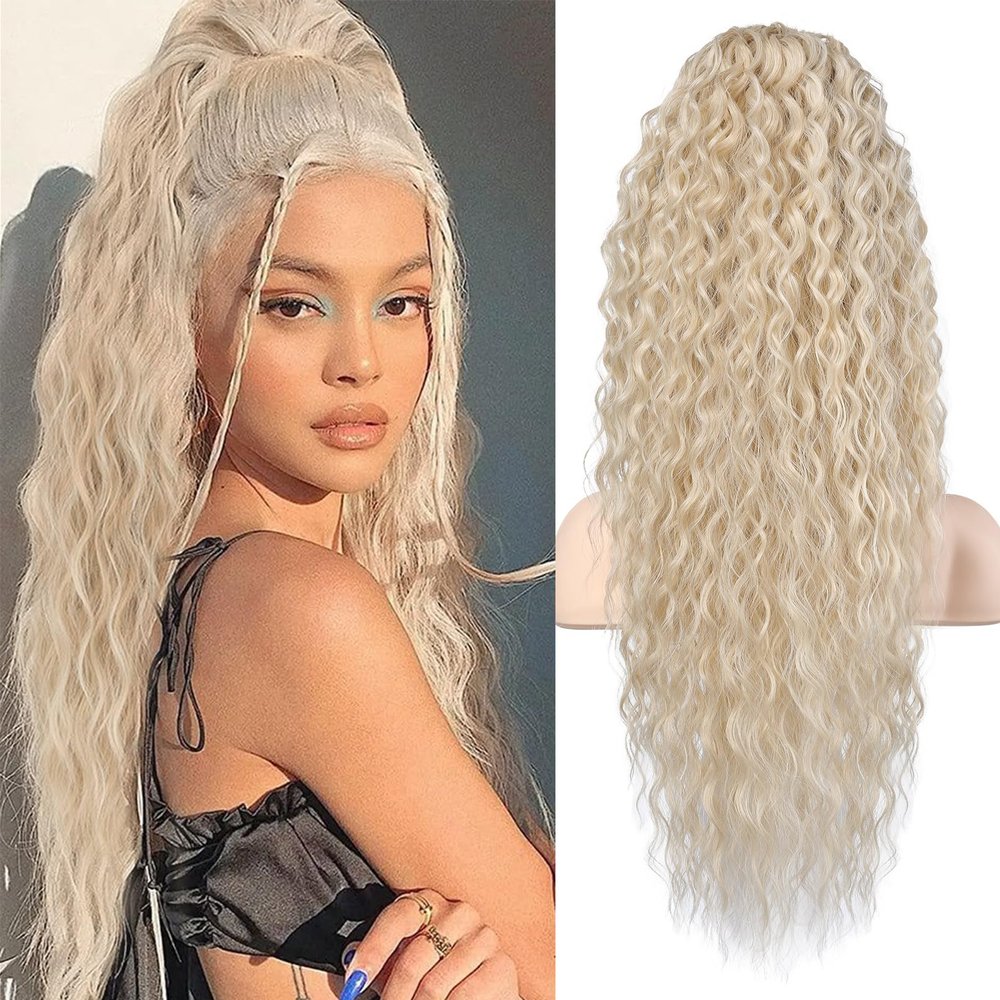 Flufymooz Ponytail Extension, 26 Inch Bohemian Style Drawstring Ponytail Hair Extensions for Women, Long Curly Wavy Pony Tail Natural Synthetic Hairpiece for Women (26 Inch Cool Blonde)