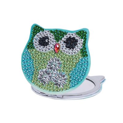 Diamond Art Painting Full Round Drill Compact Mirror Green Owl Bird Mini Make-up Mirror Portable Folding Double-Sided 1X/10X Magnification, Pocket Ultra Portable for Purses and Travel?Handbag,Set