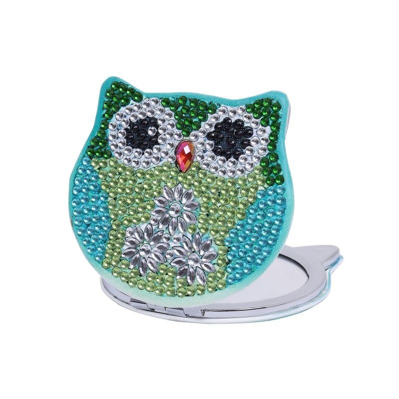 Diamond Art Painting Full Round Drill Compact Mirror Green Owl Bird Mini Make-up Mirror Portable Folding Double-Sided 1X/10X Magnification, Pocket Ultra Portable for Purses and Travel?Handbag,Set