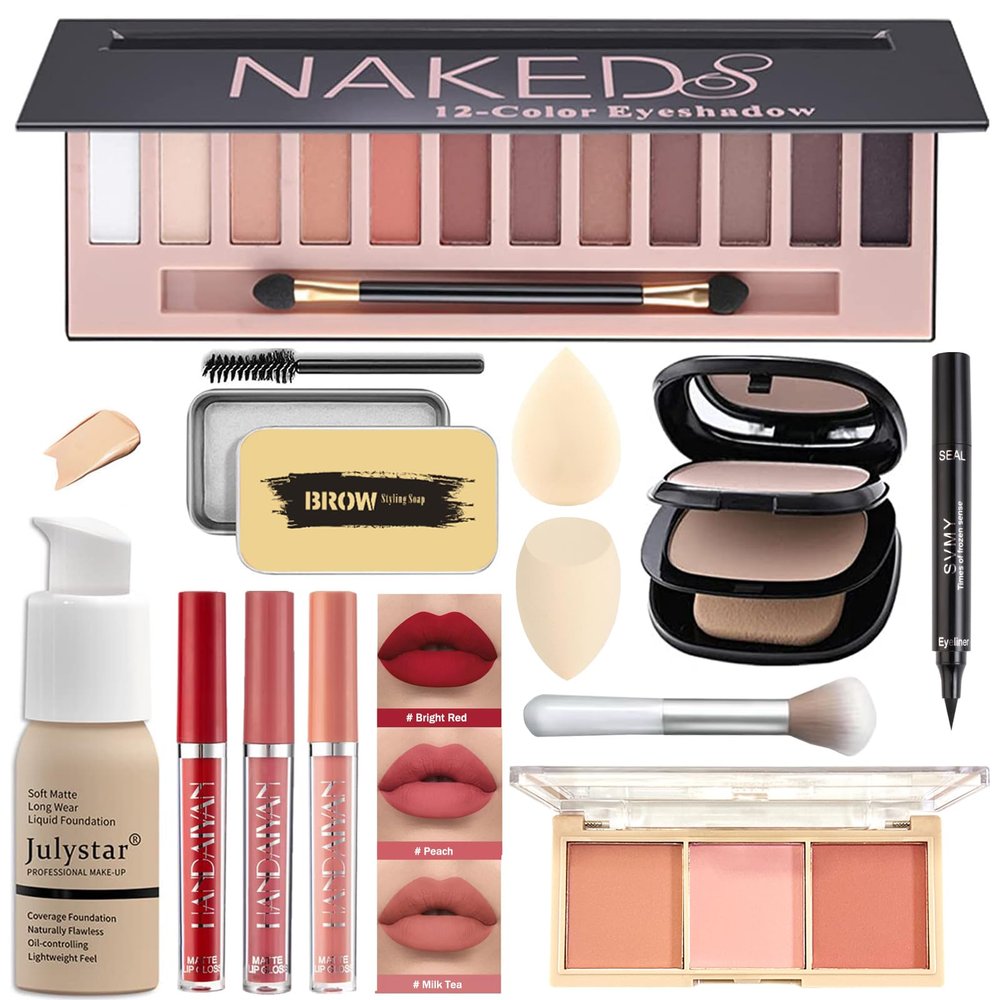Qiong All in One Makeup Kit Full 12 Colors Naked Eyeshadow,2 Color Compact Powder,Liquid Foundation,Lipsticks, Blush,Eyebrow Soap,Winged Eyeliner Stamp,Makeup Gift Set for Women, Teens & Girls(Naked)