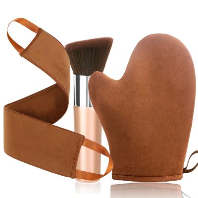 VNITT 3 IN 1 Self Tanning Mitt Applicator Kit Set,Self Tanning Glove and Back Self Tanner Applicator Kabuki Self Tanner Brush,Sunscreen Brush- Fake Tan Applicator for Face and Body,Hands