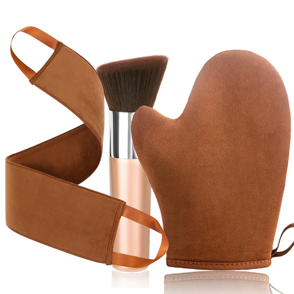 VNITT 3 IN 1 Self Tanning Mitt Applicator Kit Set,Self Tanning Glove and Back Self Tanner Applicator Kabuki Self Tanner Brush,Sunscreen Brush- Fake Tan Applicator for Face and Body,Hands