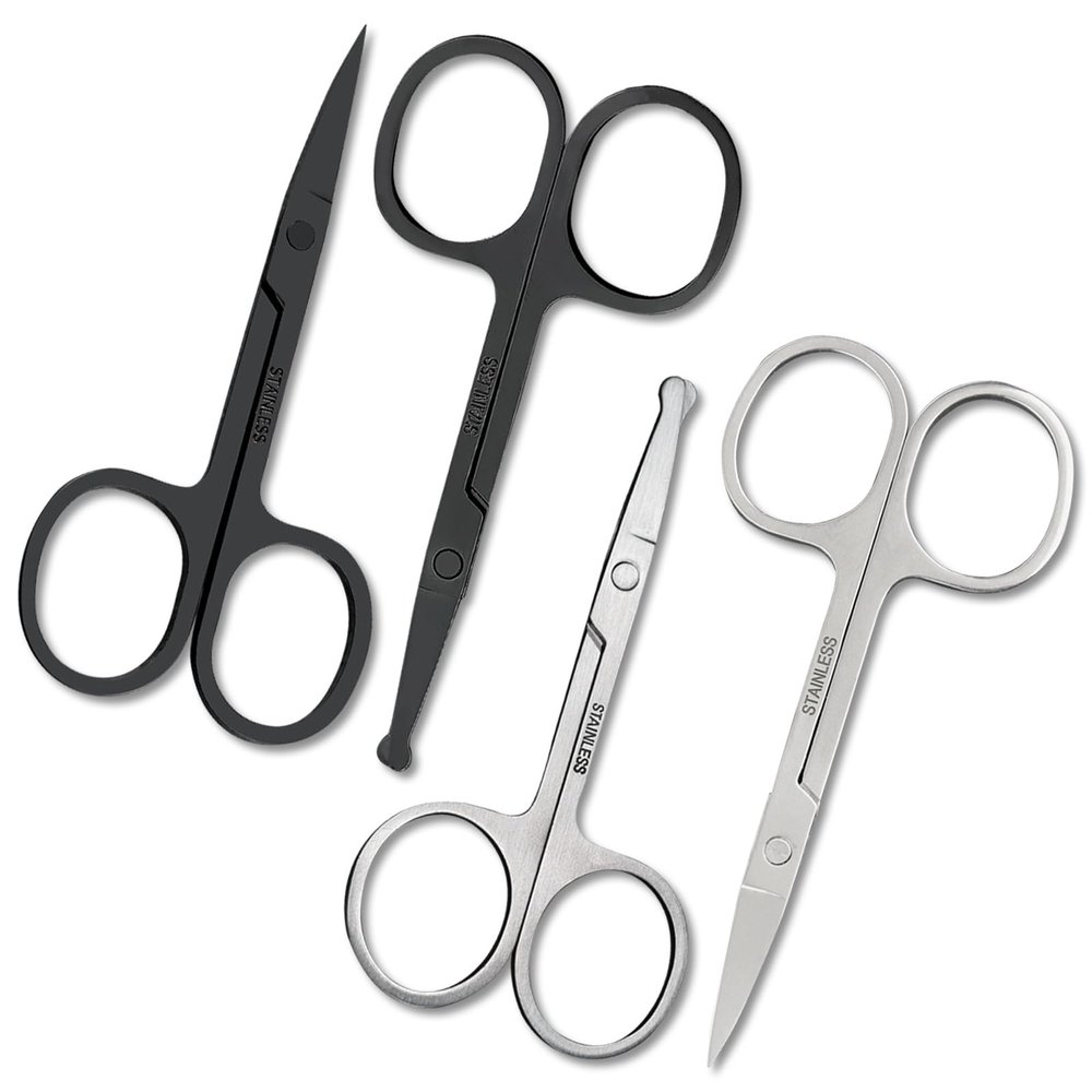 4 Pack Curved and Rounded Facial Hair Scissors Set for Men Women - Mustache, Nose, Beard, Eyebrows, Eyelashes and Ear Hair Cutting Scissors - Black and Sliver Stainless Steel Trimming Scissors