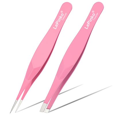 2PCS Tweezers Set for Women and Men, Precision Tweezer kit for Ingrown hair, Facial Hairs, Chin Hair, and Splinter Removal, Professional Eyebrow Plucker Tweezers, Pink