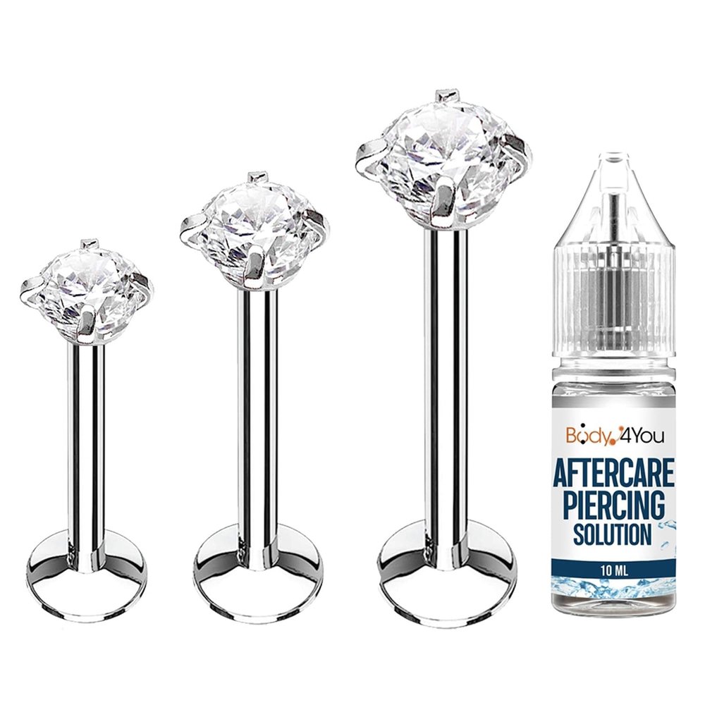 BodyJ4You 4PC Labret Tragus Cartilage 16G Studs - Piercing Aftercare Saline Cleanser