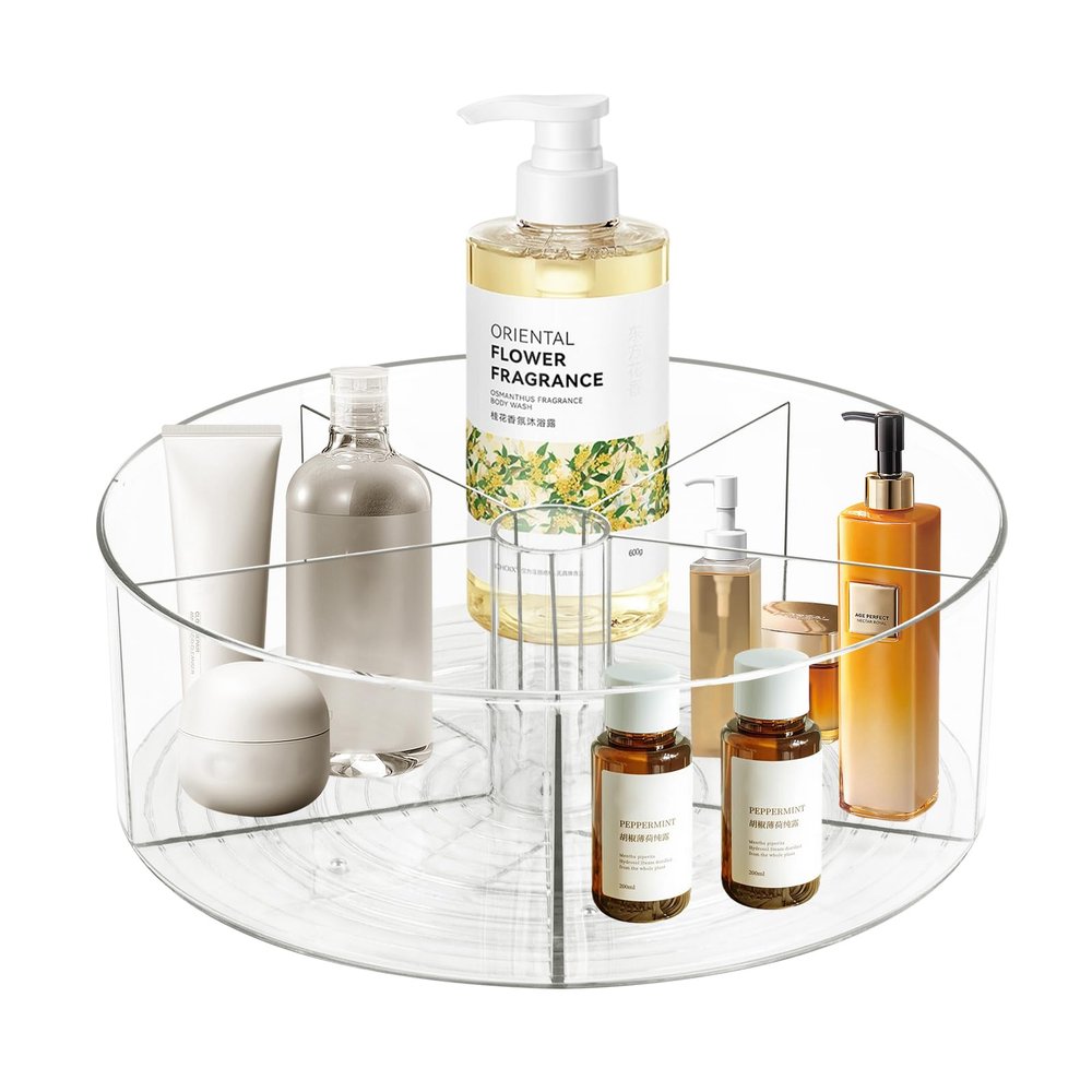 360 Rotating Makeup Organizer 11.5" Clear Turntable Lazy Susan Organizer for Vanity, Bathroom Counter, Pantry, Cabinet, Spinning Cosmetic Storage Holder with 5 Dividers for Skincare, Makeup Brushes