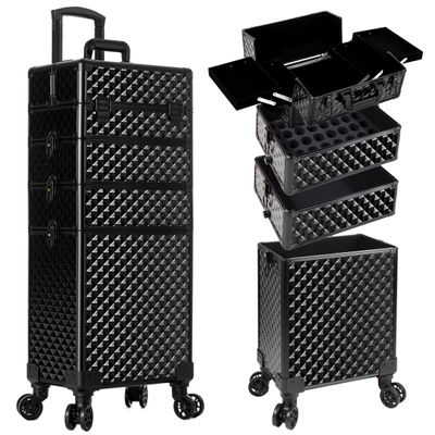 AROUS Rolling Makeup Train Case 4 in 1 Cosmetology Case on Wheels Large Storage Cosmetic Trolley with Key Salon Barber Case Traveling Cart Trunk, Black