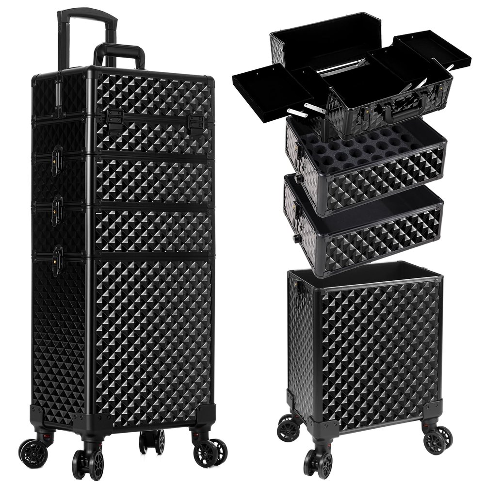 AROUS Rolling Makeup Train Case 4 in 1 Cosmetology Case on Wheels Large Storage Cosmetic Trolley with Key Salon Barber Case Traveling Cart Trunk, Black