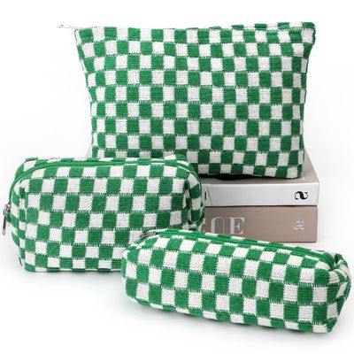 3 Pcs Makeup Bag Cosmetic Bag Set for Girls Women Checkered Travel Organizer Bathroom Toiletry Pouch Large Capacity Storage Bag(Green-White)