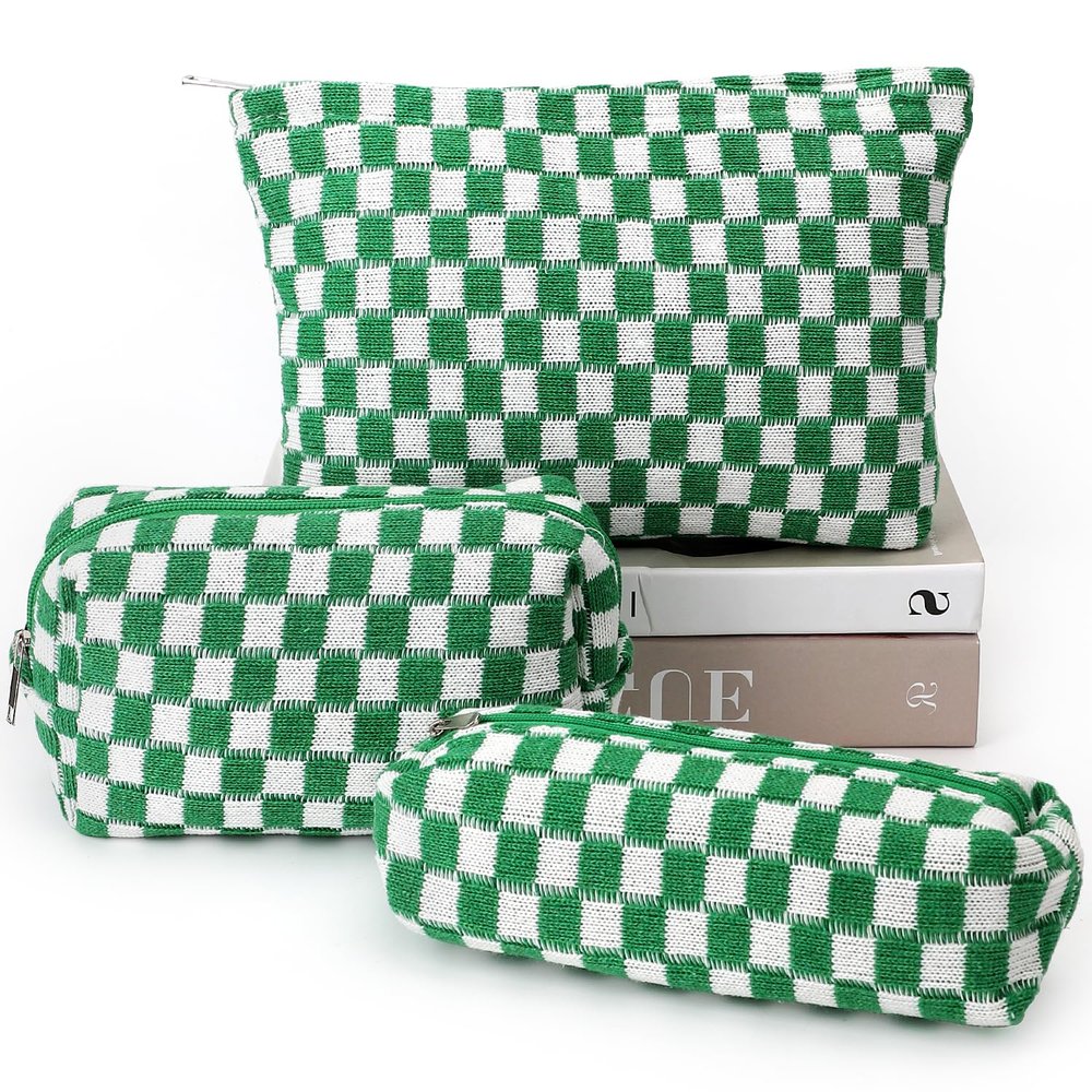 3 Pcs Makeup Bag Cosmetic Bag Set for Girls Women Checkered Travel Organizer Bathroom Toiletry Pouch Large Capacity Storage Bag(Green-White)