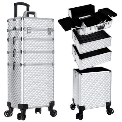 AROUS Rolling Makeup Train Case 4 in 1 Cosmetology Case on Wheels Large Storage Cosmetic Trolley with Key Salon Barber Case Traveling Cart Trunk, Silver
