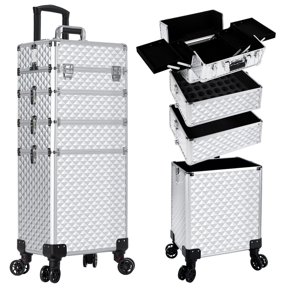 AROUS Rolling Makeup Train Case 4 in 1 Cosmetology Case on Wheels Large Storage Cosmetic Trolley with Key Salon Barber Case Traveling Cart Trunk, Silver