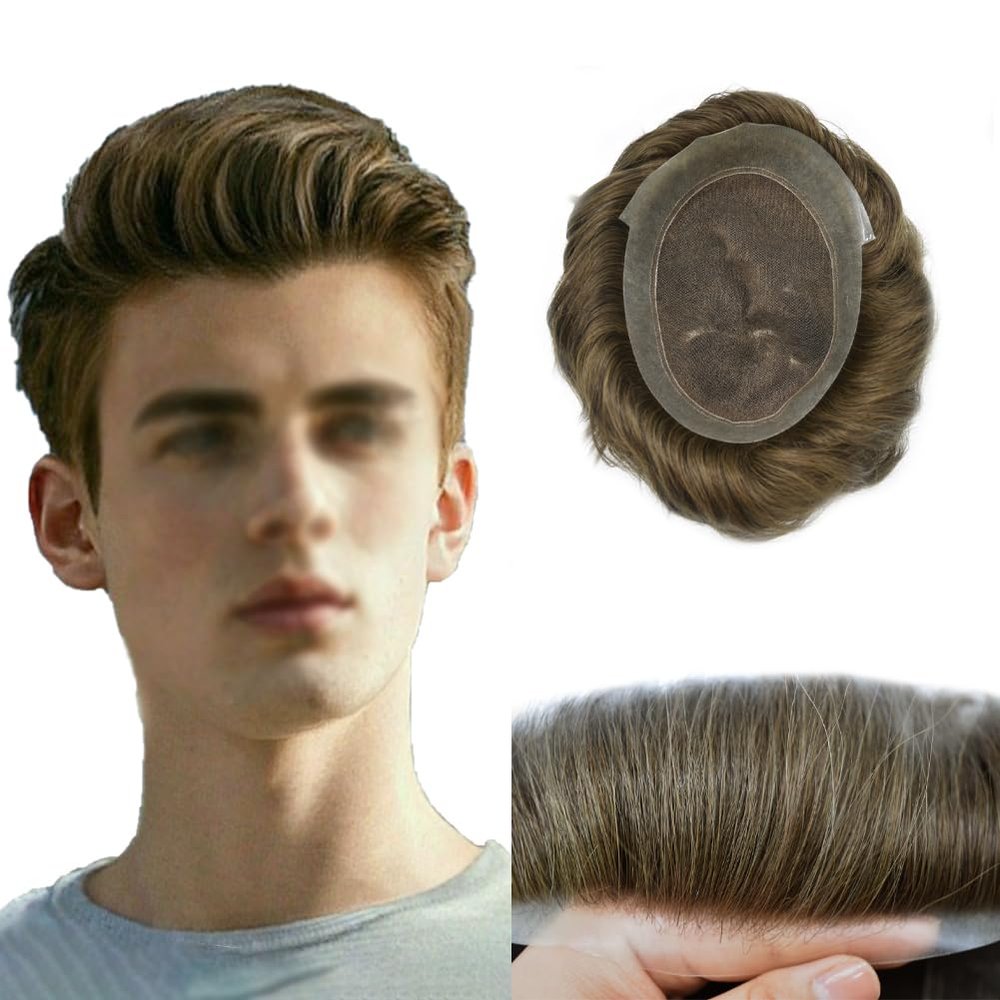 LYRICAL HAIR Toupee for Men Human Hair System Replacement Transparent French Lace Mens Toupee Poly Skin Around Hair Unit Thin Skin Hairpiece Wig for Men (9"x7", #5 Medium Light Brown-120% Density)