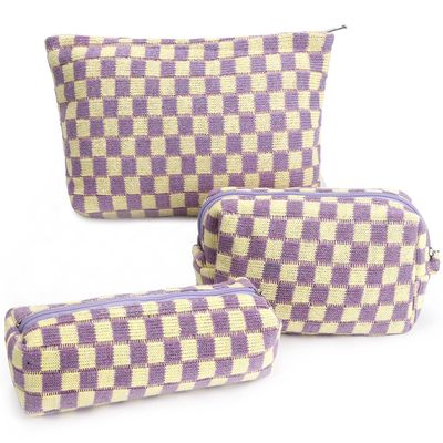 3 Pcs Makeup Bag Checkered Cosmetic Bag Large Capacity Traveling Toiletry Pounch Organizer Cute Makeup Brushes Aesthetic Accessories Storage Bag for Girls Women (Purple-White)