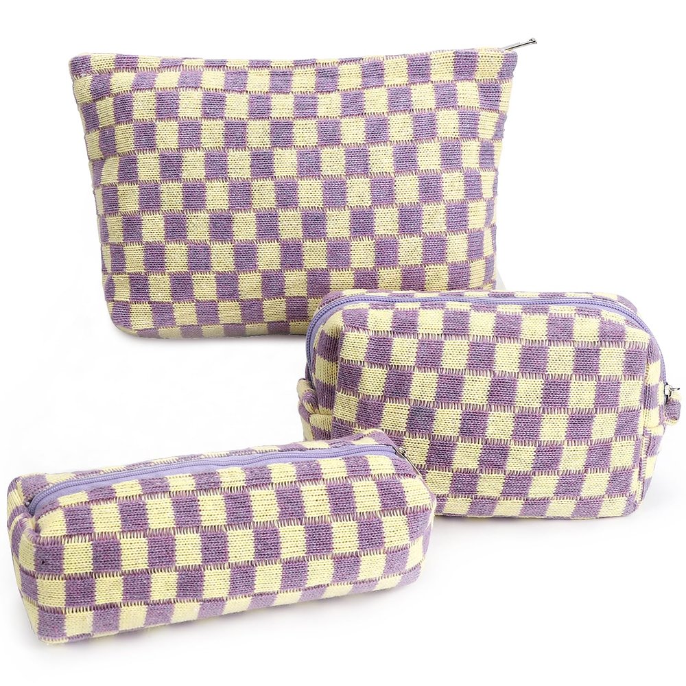 3 Pcs Makeup Bag Checkered Cosmetic Bag Large Capacity Traveling Toiletry Pounch Organizer Cute Makeup Brushes Aesthetic Accessories Storage Bag for Girls Women (Purple-White)
