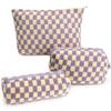 3 Pcs Makeup Bag Checkered Cosmetic Bag Large Capacity Traveling Toiletry Pounch Organizer Cute Makeup Brushes Aesthetic Accessories Storage Bag for Girls Women (Purple-White) view 1