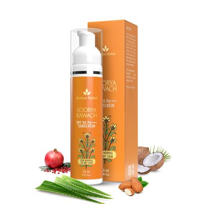 AVIMEE HERBAL Soorya Kawach Sunscreen With De-Tan Extract | Spf 50 Pa++++ For Broad Spectrum Uva, Uvb & Blue Light Protection For All Skin Types| Light Weight | 50 ml (Pack of 1)