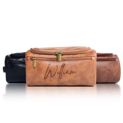 Personalized Mens Toiletry Bag Engraved PU Leather Dopp Kit with Custom Name or Initials, Handcrafted Travel Shaving Bag, Meaningful Gift for Groomsmen, Dad, Husband, or Grandpa (Light Brown)