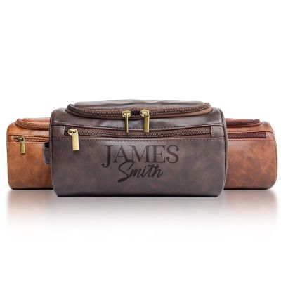 Personalized Mens Toiletry Bag  Engraved PU Leather Dopp Kit with Custom Name or Initials, Handcrafted Travel Shaving Bag, Meaningful Gift for Groomsmen, Dad, Husband, or Grandpa (Dark Coffee)