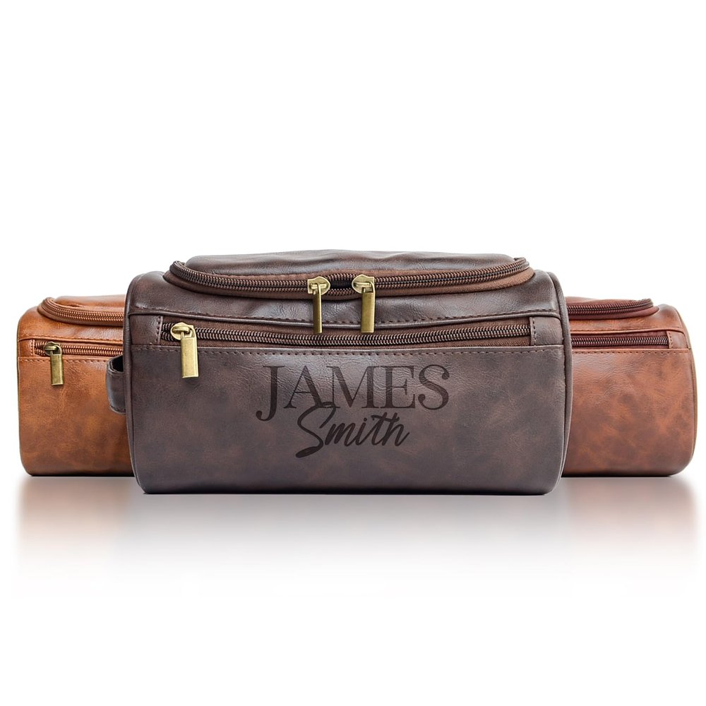 Personalized Mens Toiletry Bag Engraved PU Leather Dopp Kit with Custom Name or Initials, Handcrafted Travel Shaving Bag, Meaningful Gift for Groomsmen, Dad, Husband, or Grandpa (Dark Coffee)
