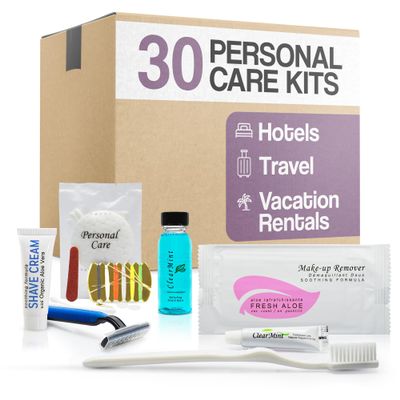 Personal Care Travel Toiletries | 1-Shoppe Amenities Kit | Travel Shaving Set, Toothbrush & Paste, Mouthwash, Makeup Wipes, Swabs, Nail File & Sewing Kit | 150 Pieces