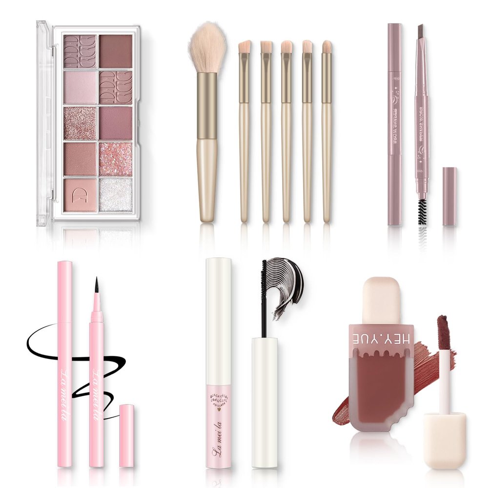 Qiong All in One Makeup Kit - Set for Women, Girls & Teens, Include 10 Colors Eyeshadow Palette, Lip Gloss, Eyebrow Eyeliner Pencil, Waterproof Mascara, 6 Pcs Brushes (Pink Kits)