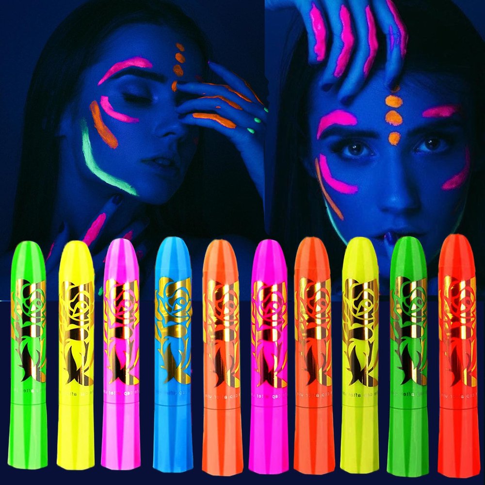 10 Color Glow in The UV Black Light Face Body Paint for Adult, Blacklight Glow Sticks Makeup Neon Face Painting Kits for Halloween Glow Party Supplies
