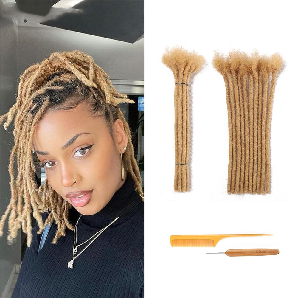 0.6cm Thickness 8 Inch 20 Strands Dreadlock Extensions Human Hair #27 Blond 100% Real Human Hair for Man/Women/Kids Full Handmade Permanent Loc Extensions Bundles Can Be Dyed Bleached Curled