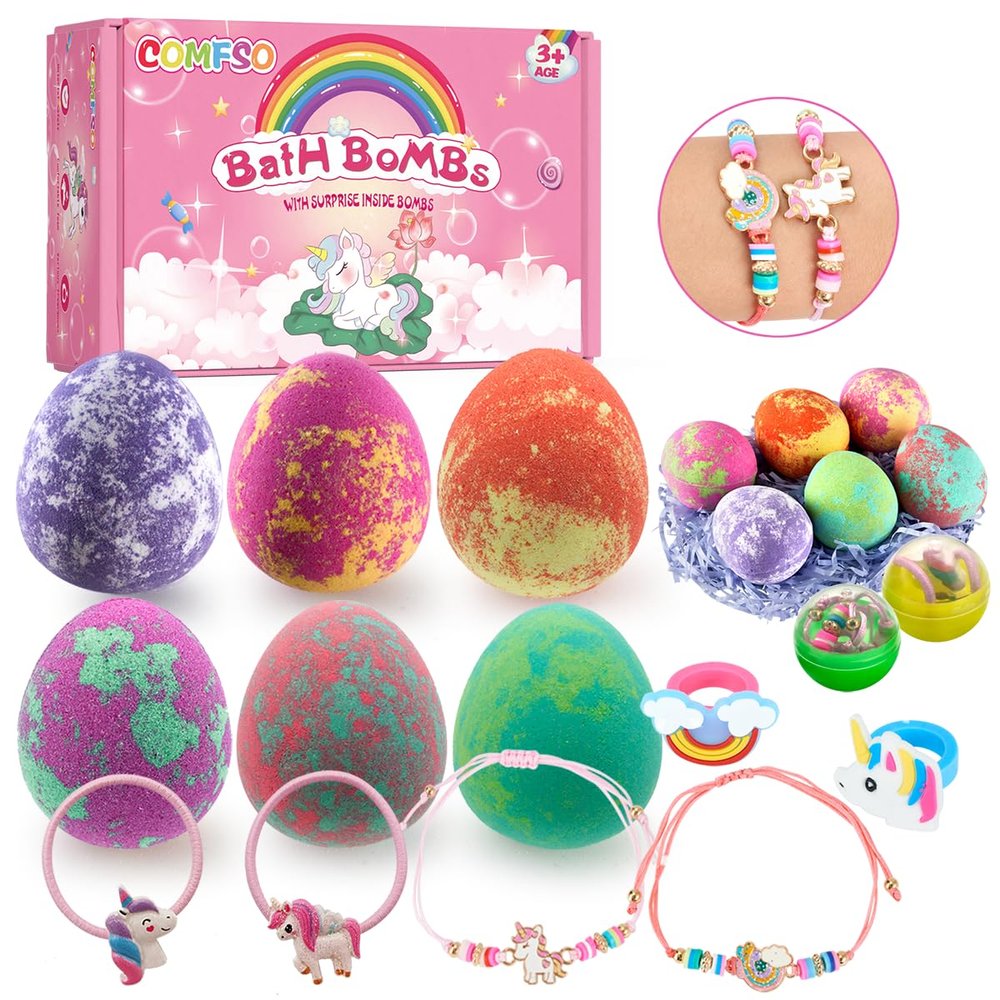 Bath Bombs for Kids with Surprise Inside- Dino Egg Bath Bombs for Girls, 6 Pcs Bubble Bath Bomb, Dinosaur Bathbombs Gift Set, Unicorn Jewelry for Girls, Birthday, Christmas Stocking Stuffers Gifts