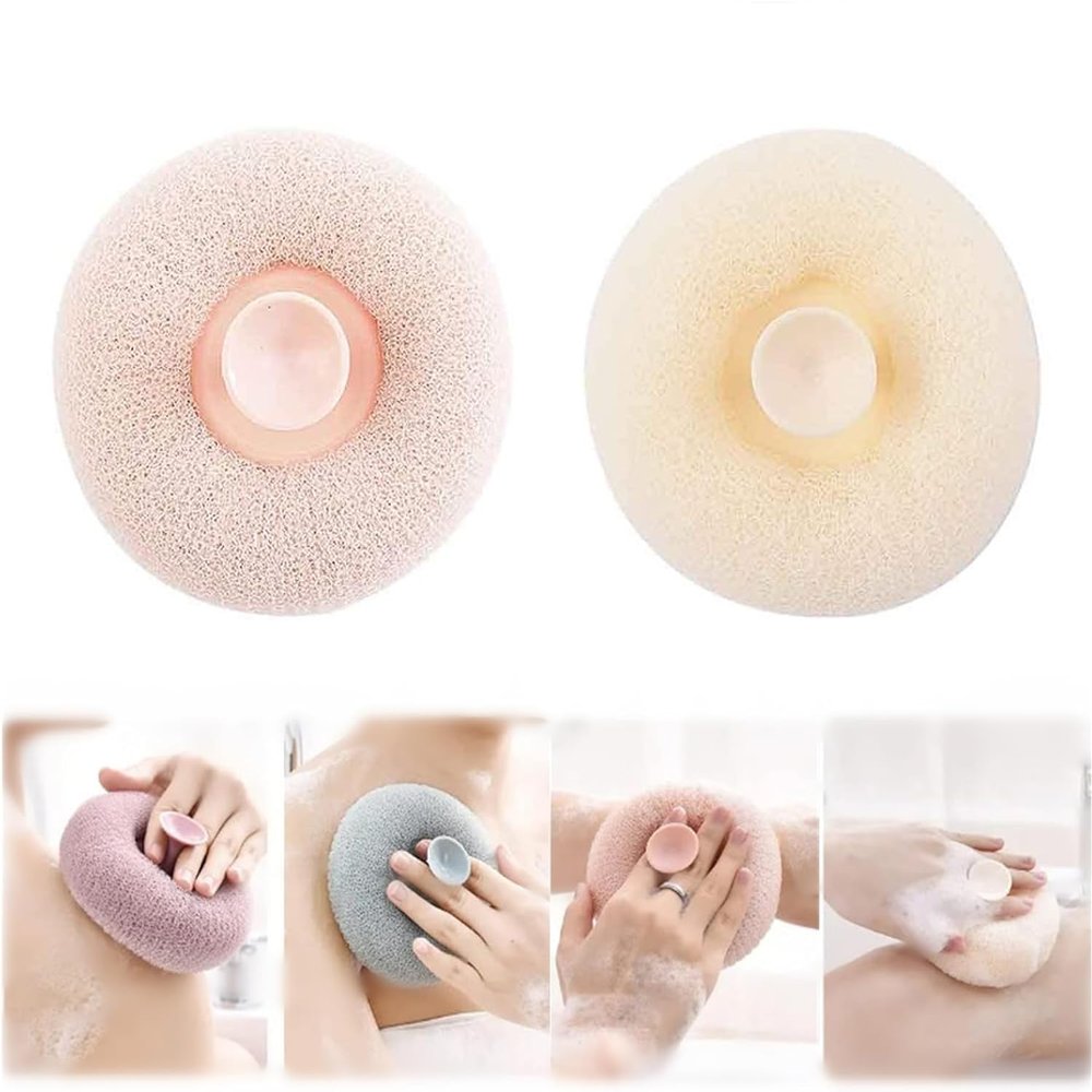 2 Pcs Bath Sponge Cleaning Brush, Bath Loofah Sponge, Body Sponge with Suction Cup, Massage Bath Sponge Balls, Super Soft Exfoliating Bath Sponge Cleaning Massage Bath Ball - (Beige + Pink)