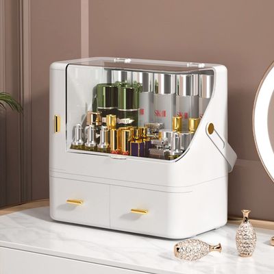 2023 Makeup Organizer, Portable Makeup Dustproof Cosmetic Storage Box Large Capacity Cosmetic Display Case Countertop Skin Care Organizer Suit for Cosmetics Skincare Jewelry Lipstick,White