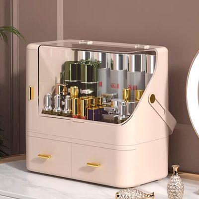 2023 Makeup Organizer, Portable Makeup Dustproof Cosmetic Storage Box Large Capacity Cosmetic Display Case Countertop Skin Care Organizer Suit for Cosmetics Skincare Jewelry Lipstick,Pink