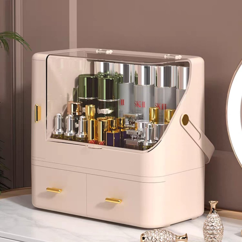 2023 Makeup Organizer, Portable Makeup Dustproof Cosmetic Storage Box Large Capacity Cosmetic Display Case Countertop Skin Care Organizer Suit for Cosmetics Skincare Jewelry Lipstick,Pink