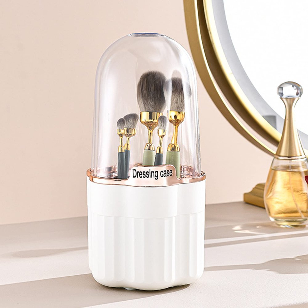 360 Rotating Makeup Brush Holder Makeup Perfume Organizer Rotatable Clear Acrylic Cosmetic Brushes Storage Case Display with Lid,White