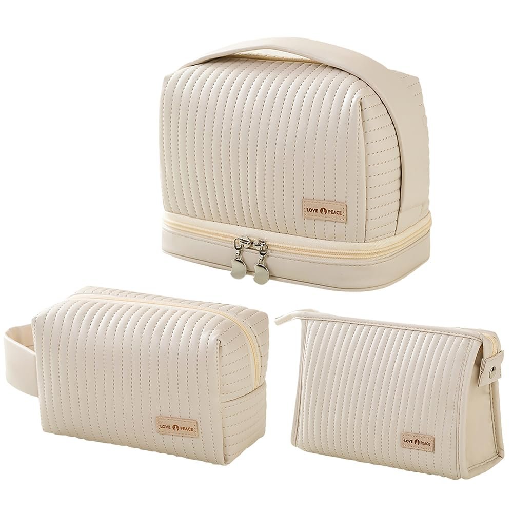 3-Piece Cute Cosmetic Bag Set - Waterproof Leather Makeup & Toiletry Organizer with Handles & Zipper, Travel-Friendly Women's Bags (Off-White)