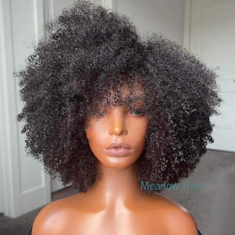 Afro Kinky Curly Wig Human Hair With Bangs Brazilian Virgin Human Hair Bang Wigs Glueless O Scalp Top Wig Short Curly Wigs For Black Women 200 Dnesity 12Inch