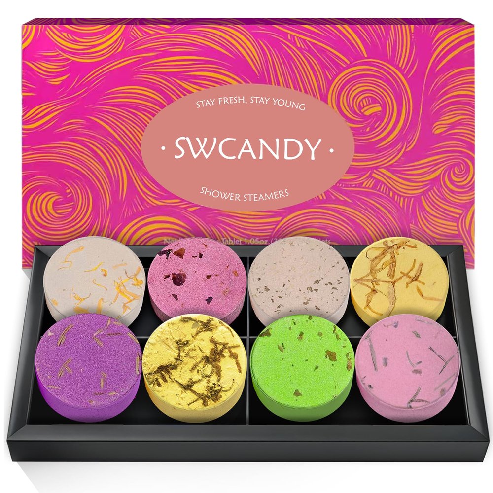 SWCANDY Shower Steamers Aromatherapy Travel Essentials for Women 8 Pcs Bath Bombs Birthday Gifts for Men, Sister, Shower Bombs Stocking Stuffers Christmas Gifts Fruity