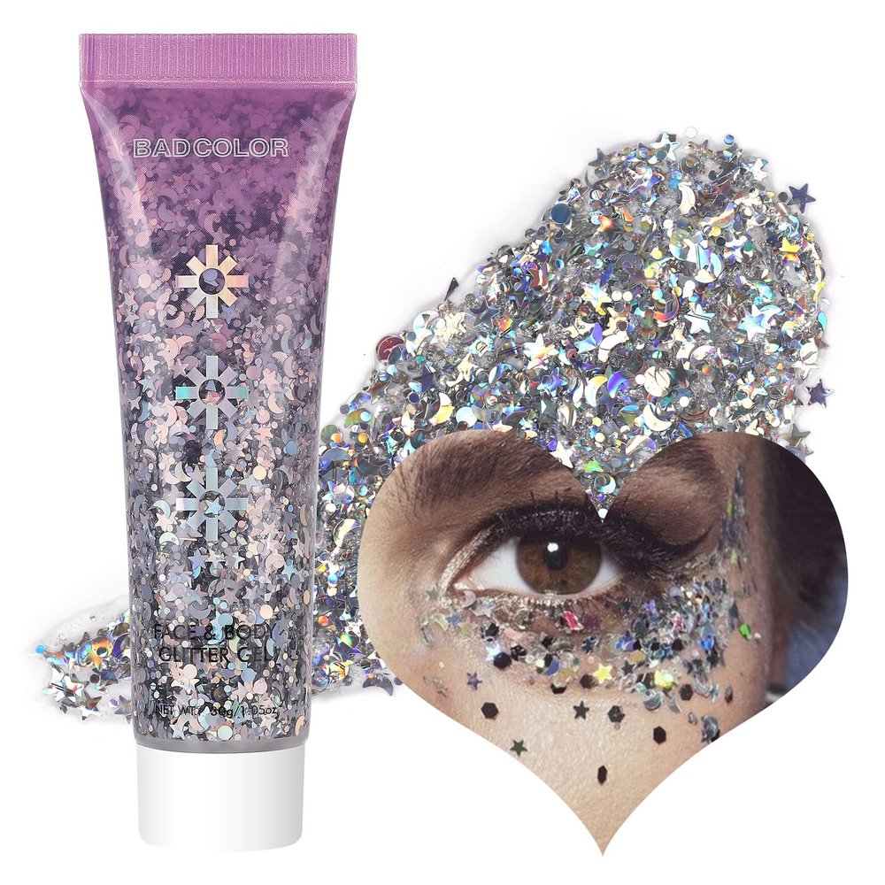 BADCOLOR Silver Face Body Glitter Gel, Holographic Shimmer Chunky Glitters Makeup for Hair Nails Eye Lips, Music Festival Concert Rave Accessories Party, Long Lasting Sparkling Mermaid Sequins Gel Kit