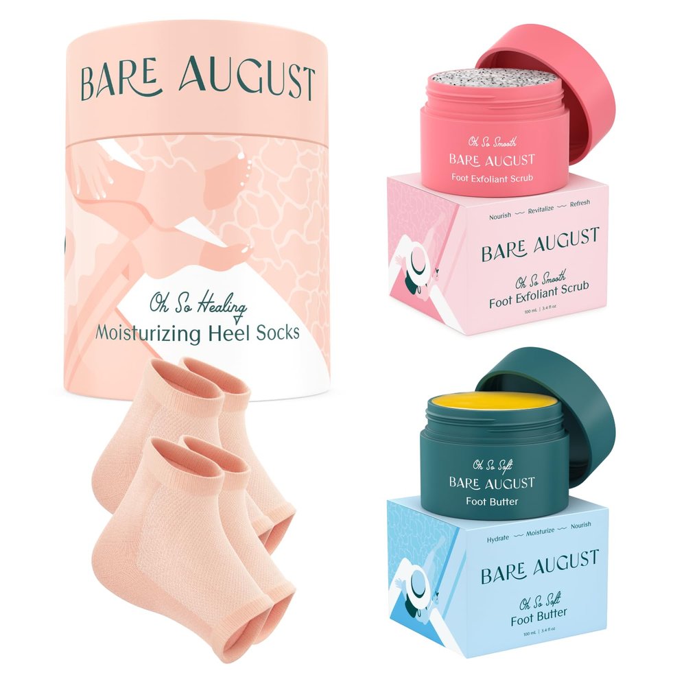 Bare August Foot Cream, Foot Scrub Exfoliator & Heel Socks Bundle