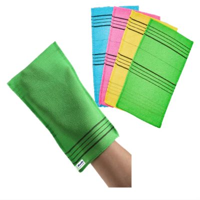 Modu Korean Exfoliating Mitts Large 4PCS (Green, Yellow, Sky Blue, Pink) Exfoliating Gloves Body Scrubber Italy Towel Washcloth for Korean Spa at Home, Dead Skin Remover, 100% Vegan Viscose