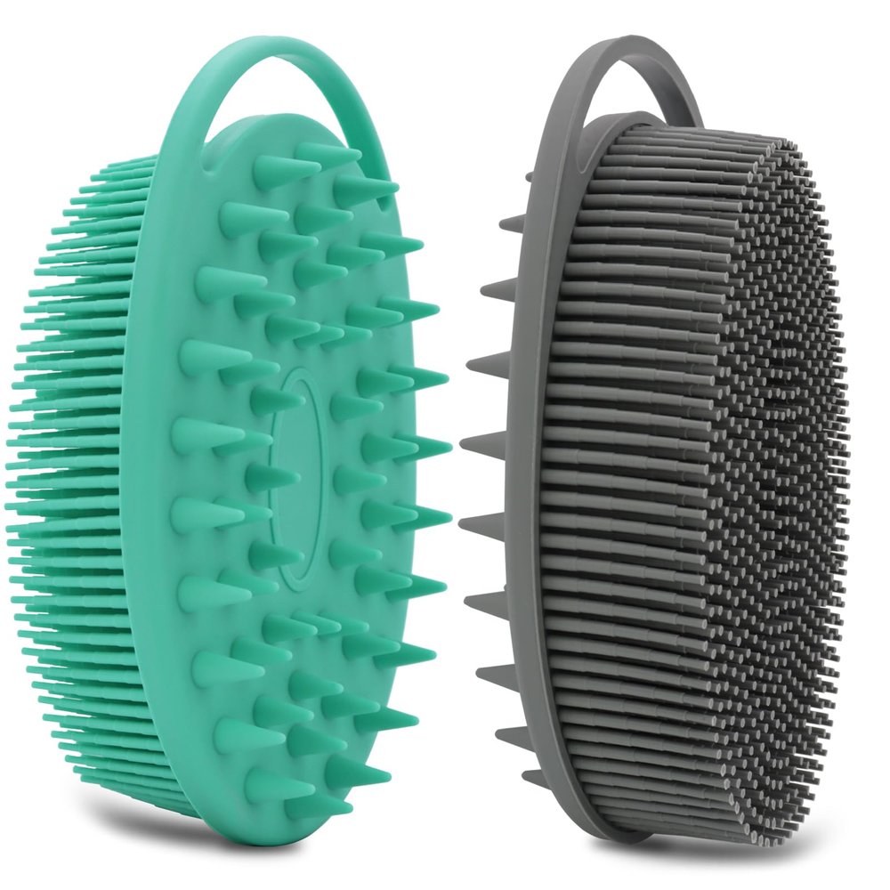 2 Pack Silicone Body Scrubber, Loofah Double-Sided Body Brush,Shower Scrubber and Scalp Massager Shampoo Brush for Sensitive Kids Women Men All Kinds of Skin (Green & Gray)